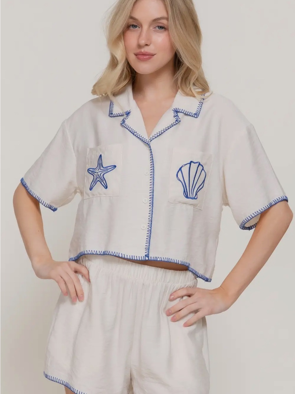 Active Basic Cream Cropped Button-Down Top and Shorts w/ Blue Trim and Sea Motif